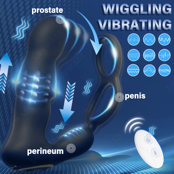9 Wiggling Vibrating Prostate Massager Anal Vibrator with Penis Ring Beads Telescopic Anal Plug Butt Plug Male Sex Toys for Men