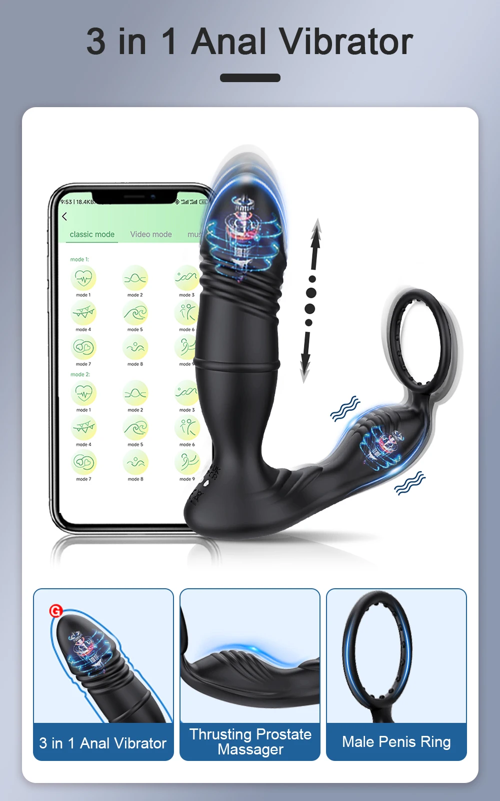 Male Thrusting Prostate Massager Bluetooth APP Vibrator for Men Gay Anal Plug Telescopic Vibrating Butt Plug Sex Toy for Couples