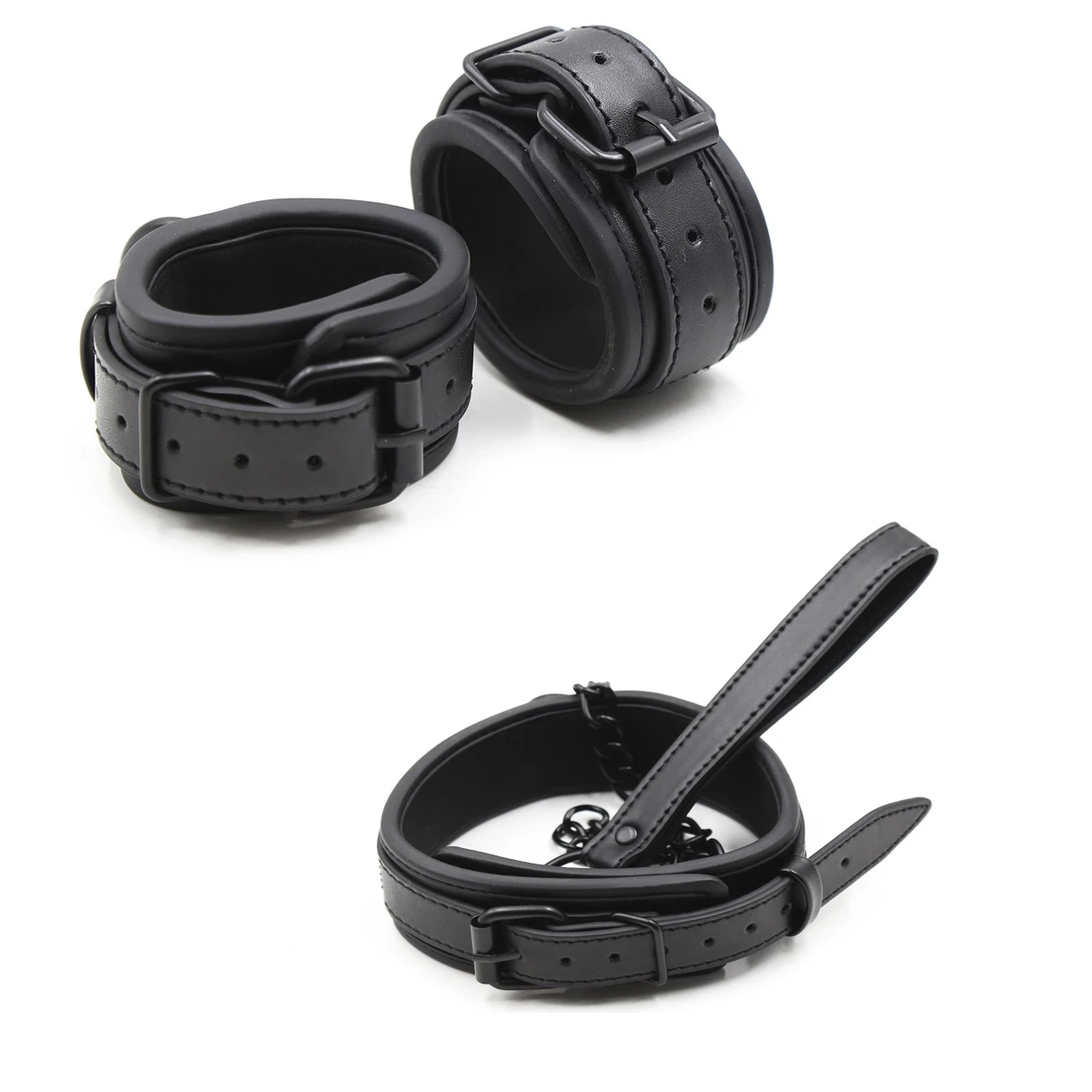 Soft PU Leather SM Products Wrist Cuffs & Ankle Cuffs & Neck Collar Leash Set BDSM Slave Bondage Sex Cosplay Accessories
