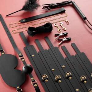 Bondage PU Leather Dog Slave Collar Wrist Ankle Cuffs Mouth Plug Eye Mask Nipples Clips Feather Whip Flogger Sex Toys For Women