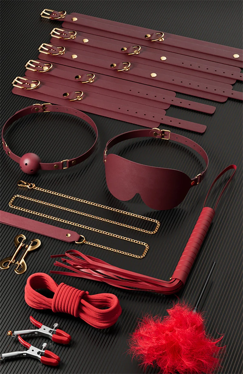 Bondage PU Leather Dog Slave Collar Wrist Ankle Cuffs Mouth Plug Eye Mask Nipples Clips Feather Whip Flogger Sex Toys For Women Bondage PU Leather Dog Slave Collar Wrist Ankle Cuffs Mouth Plug Eye Mask Nipples Clips Feather Whip Flogger Sex Toys For Women