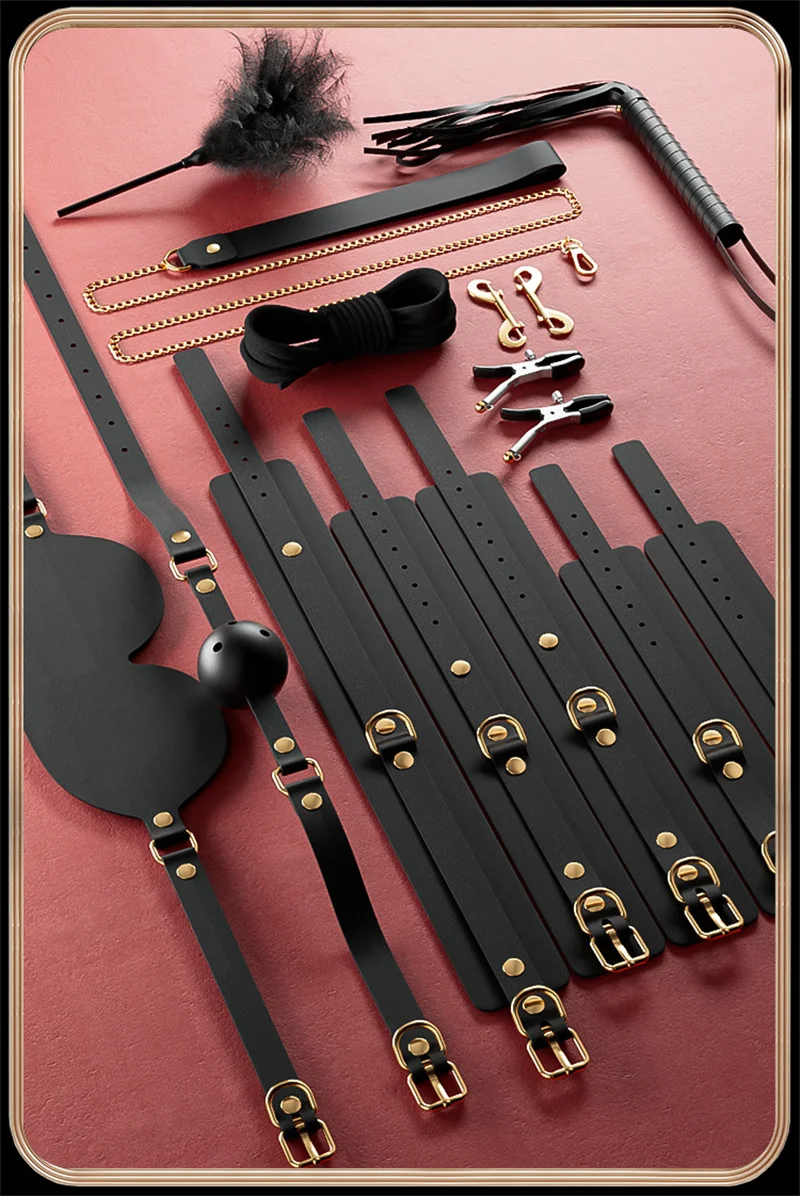 Bondage PU Leather Dog Slave Collar Wrist Ankle Cuffs Mouth Plug Eye Mask Nipples Clips Feather Whip Flogger Sex Toys For Women Bondage PU Leather Dog Slave Collar Wrist Ankle Cuffs Mouth Plug Eye Mask Nipples Clips Feather Whip Flogger Sex Toys For Women