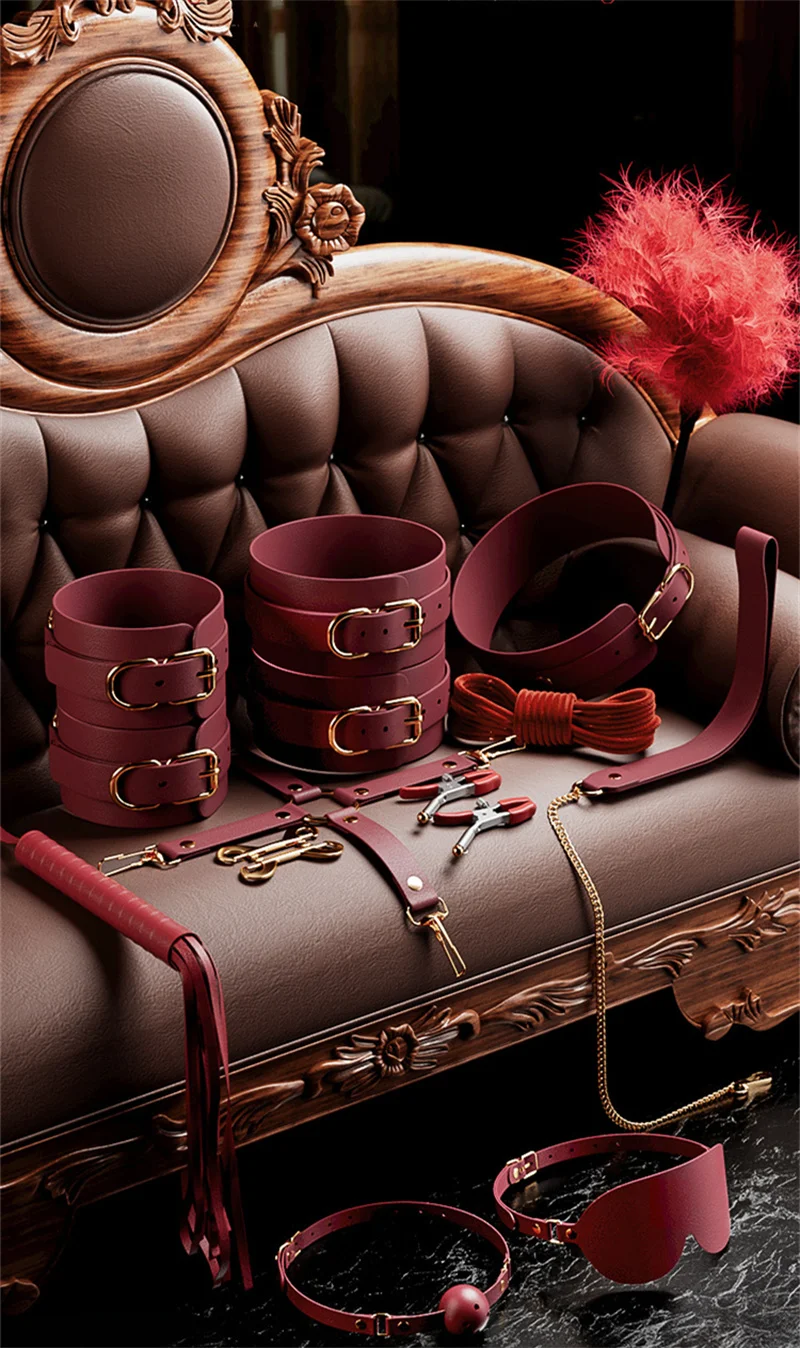 Bondage PU Leather Dog Slave Collar Wrist Ankle Cuffs Mouth Plug Eye Mask Nipples Clips Feather Whip Flogger Sex Toys For Women Bondage PU Leather Dog Slave Collar Wrist Ankle Cuffs Mouth Plug Eye Mask Nipples Clips Feather Whip Flogger Sex Toys For Women
