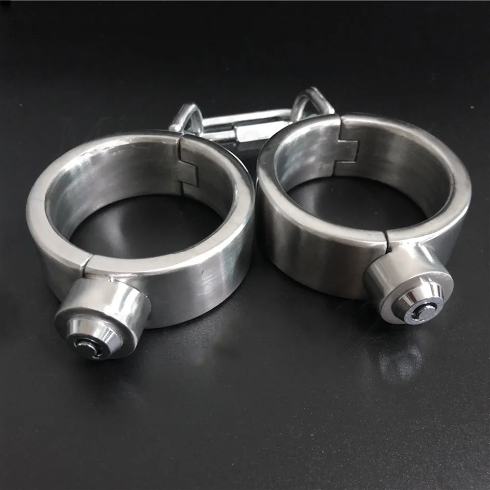 Stainless Steel Bondage Handcuffs Shackles Neck Collar Restraint Wrist Lock BDSM with Chain Set Adult Game Sex Toys for Couple
