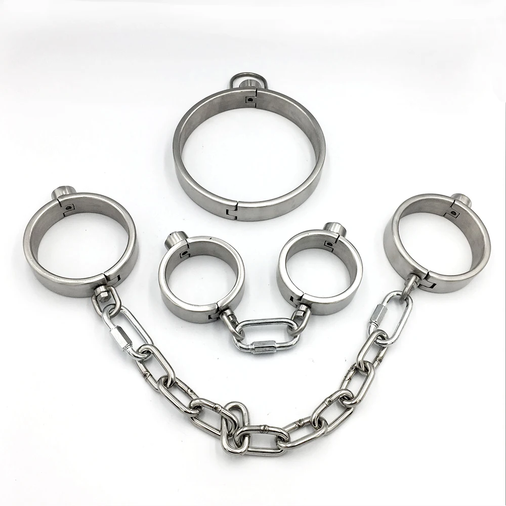 Stainless Steel Bondage Handcuffs Shackles Neck Collar Restraint Wrist Lock BDSM with Chain Set Adult Game Sex Toys for Couple