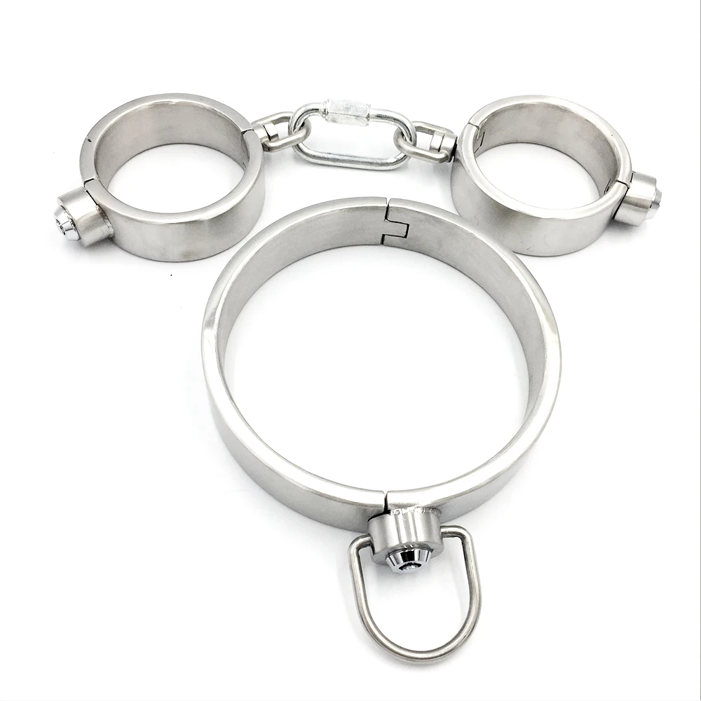 Stainless Steel Bondage Handcuffs Shackles Neck Collar Restraint Wrist Lock BDSM with Chain Set Adult Game Sex Toys for Couple