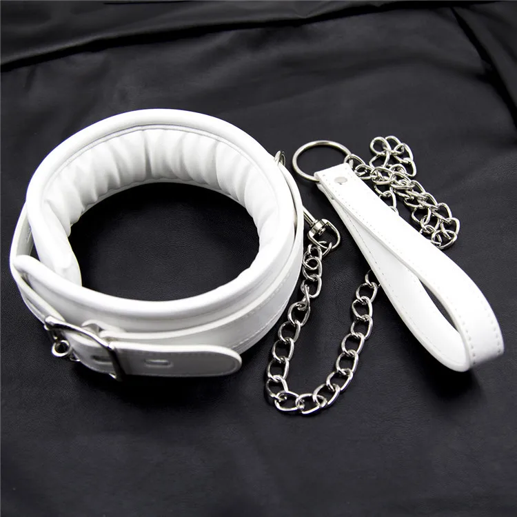 Soft Padded White BDSM Bondage Restraint Wrist Handcuffs Neck Collar Ankle Cuffs with Chain Slave Erotic Flirting Adult Sex Toys