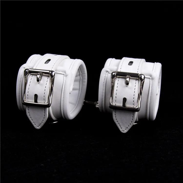 Soft Padded White BDSM Bondage Restraint Wrist Handcuffs Neck Collar Ankle Cuffs with Chain Slave Erotic Flirting Adult Sex Toys