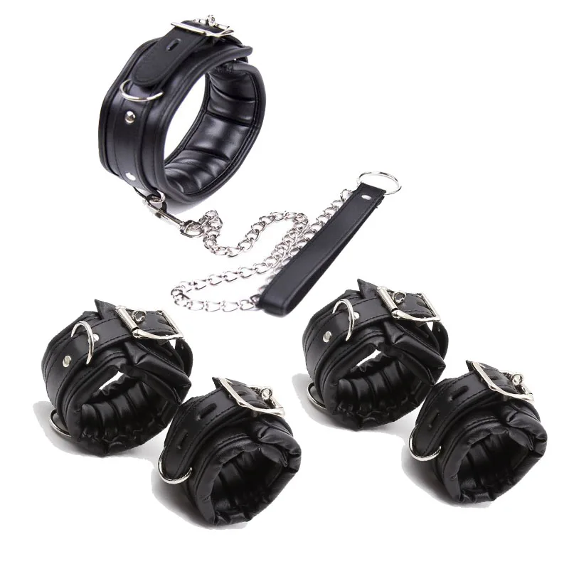 PU Leather Padded Wrist Cuffs & Ankle Cuffs & Neck Collar Set ,BDSM Leather Bondage ,Cosplay Accessories porno sex adult