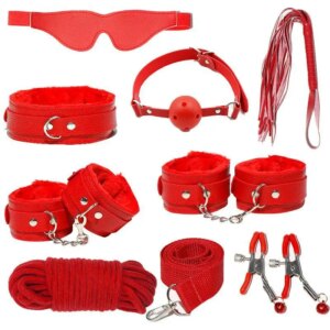 Bondage Dog Slave PU Leather Whip Plush Collar Wrist Ankle Cuffs Mouth Plug Eye Mask Nipples Clips Flogger Sex Toys For Women