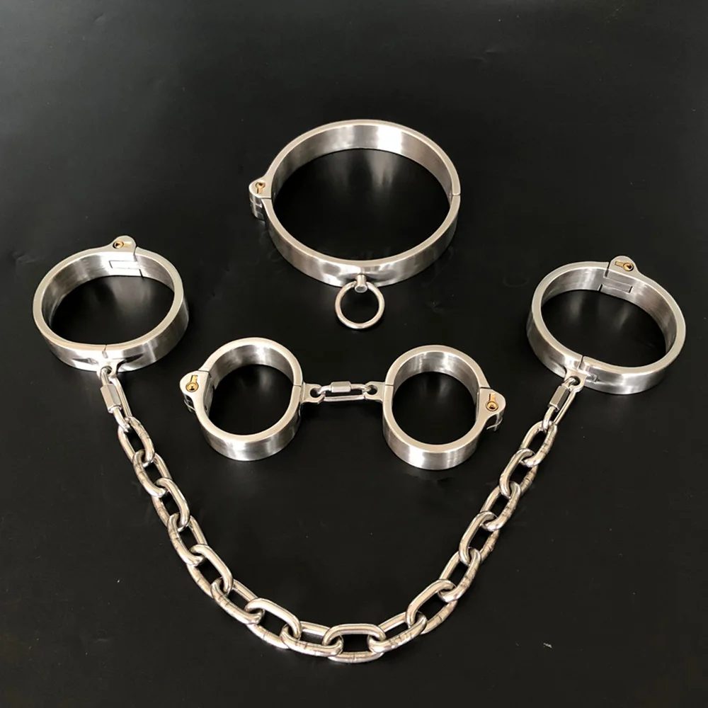 Stainless Steel Wrist Handcuff Ankle Cuffs Shackles Detachable chain Neck Collar SM Restraint Choker Stealth Lock Adult Sex Toys