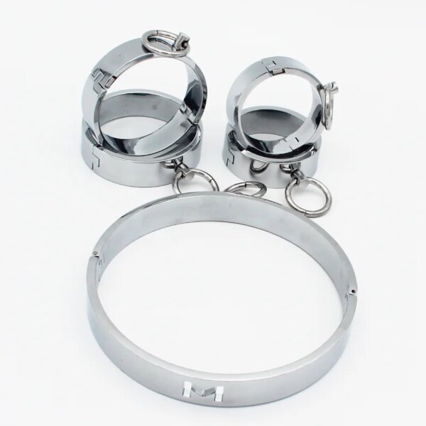 Metal Handcuffs Wrist Ankle Cuffs Locking Neck Collar Posturte Slave Bondage SM Spreader Bar Shackles Adult Sex Toys Men Women