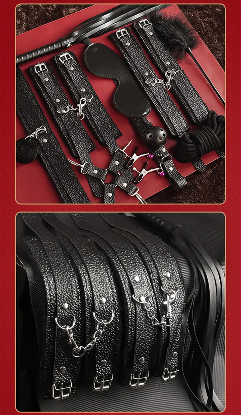 Bondage PU Leather Whip Flogger Dog Slave Collar Wrist Ankle Cuffs Mouth Plug Eye Mask Nipples Clips Feather Sex Toys For Women Bondage PU Leather Whip Flogger Dog Slave Collar Wrist Ankle Cuffs Mouth Plug Eye Mask Nipples Clips Feather Sex Toys For Women
