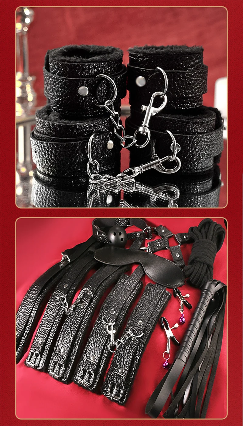 Bondage PU Leather Whip Flogger Dog Slave Collar Wrist Ankle Cuffs Mouth Plug Eye Mask Nipples Clips Feather Sex Toys For Women Bondage PU Leather Whip Flogger Dog Slave Collar Wrist Ankle Cuffs Mouth Plug Eye Mask Nipples Clips Feather Sex Toys For Women