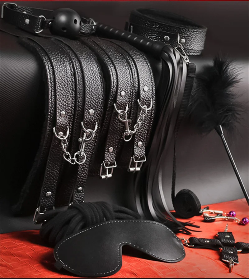 Bondage PU Leather Whip Flogger Dog Slave Collar Wrist Ankle Cuffs Mouth Plug Eye Mask Nipples Clips Feather Sex Toys For Women Bondage PU Leather Whip Flogger Dog Slave Collar Wrist Ankle Cuffs Mouth Plug Eye Mask Nipples Clips Feather Sex Toys For Women