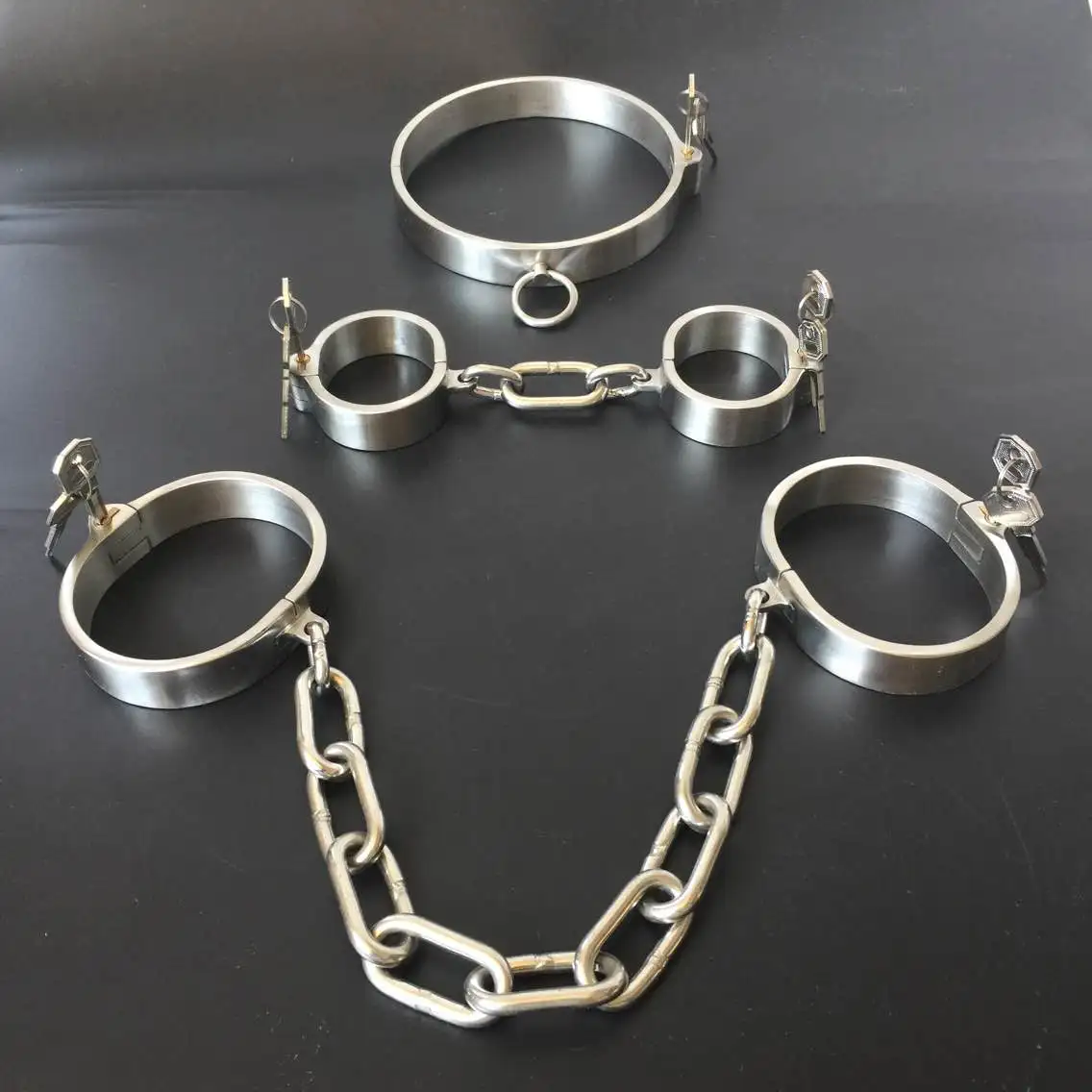Stainless Steel Slave Flirt Wrist Handcuffs Ankle Cuffs Neck Collar Chain BDSM Shackle Bondage Invisiable Lock  Sex Toys