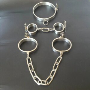 Stainless Steel Slave Flirt Wrist Handcuffs Ankle Cuffs Neck Collar Chain BDSM Shackle Bondage Invisiable Lock Sex Toys