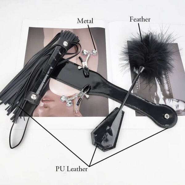 4 Pcs Sex Bondage Kit BDSM Restraint Set with Spanking Paddles Whip and Adjustable Nipple Clamps Adult Toys for Women and Couple