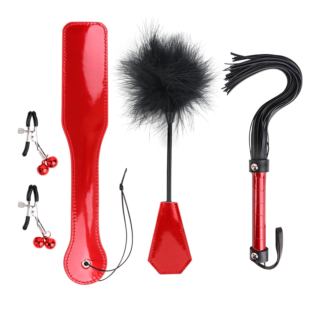 4 Pcs Sex Bondage Kit BDSM Restraint Set with Spanking Paddles Whip and Adjustable Nipple Clamps Adult Toys for Women and Couple
