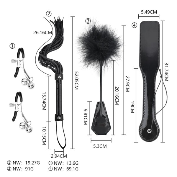 4 Pcs Sex Bondage Kit BDSM Restraint Set with Spanking Paddles Whip and Adjustable Nipple Clamps Adult Toys for Women and Couple
