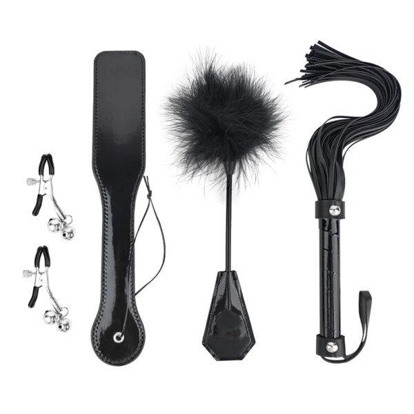 4 Pcs Sex Bondage Kit BDSM Restraint Set with Spanking Paddles Whip and Adjustable Nipple Clamps Adult Toys for Women and Couple