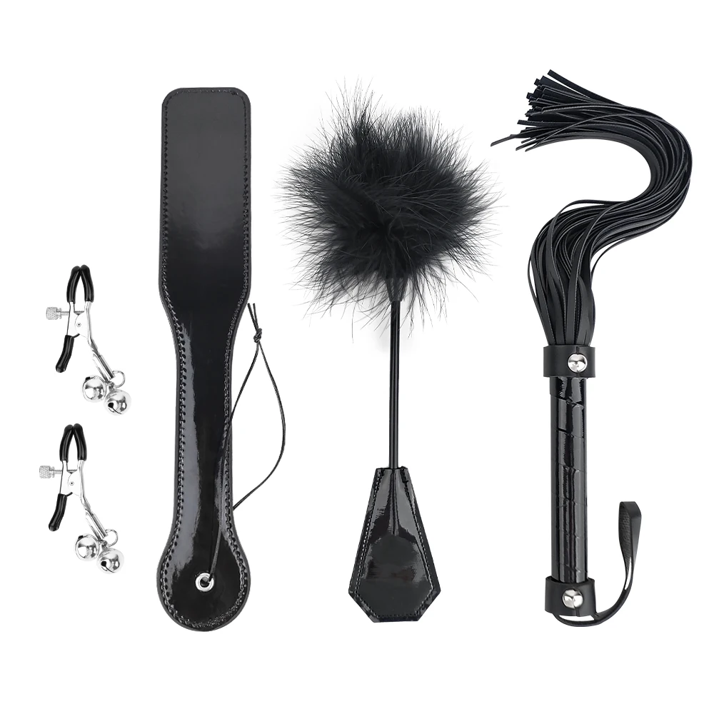 4 Pcs Sex Bondage Kit BDSM Restraint Set with Spanking Paddles Whip and Adjustable Nipple Clamps Adult Toys for Women and Couple