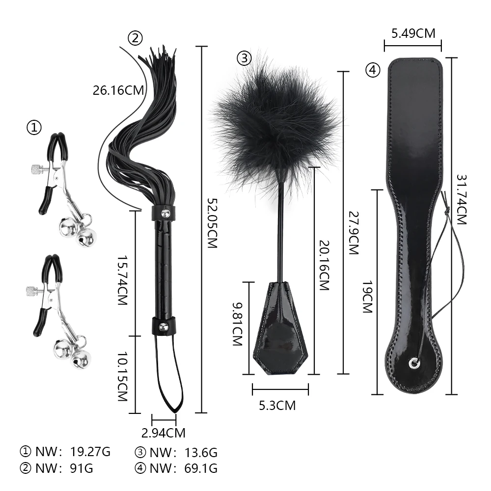 4 Pcs Sex Bondage Kit BDSM Restraint Set with Spanking Paddles Whip and Adjustable Nipple Clamps Adult Toys for Women and Couple