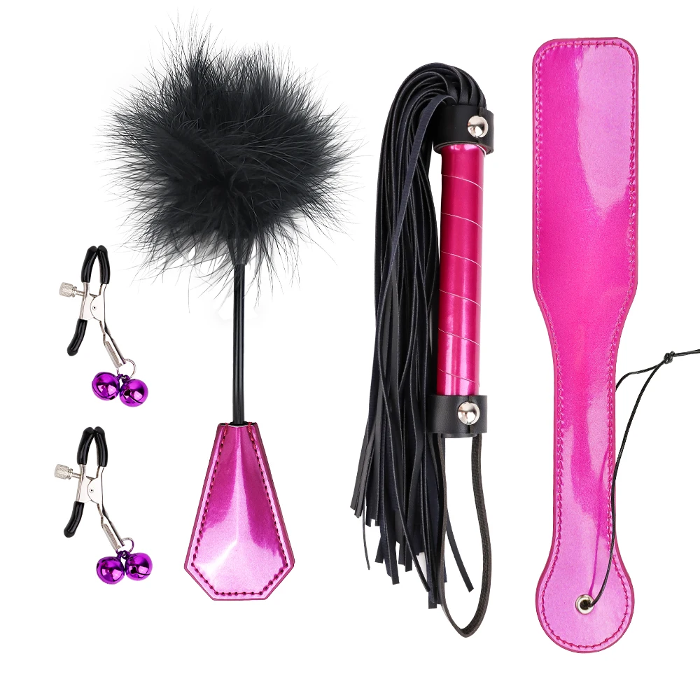 4 Pcs Sex Bondage Kit BDSM Restraint Set with Spanking Paddles Whip and Adjustable Nipple Clamps Adult Toys for Women and Couple