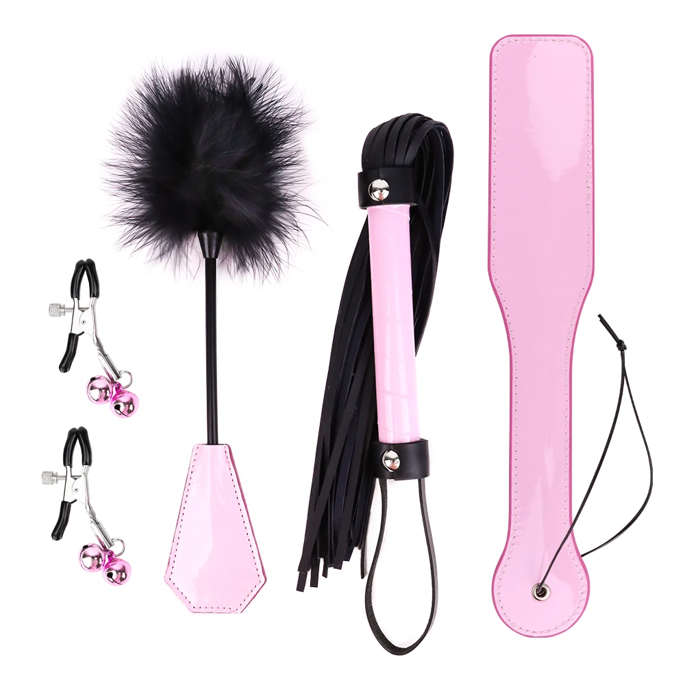 4 Pcs Sex Bondage Kit BDSM Restraint Set with Spanking Paddles Whip and Adjustable Nipple Clamps Adult Toys for Women and Couple