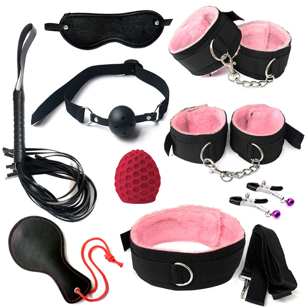 BDSM Bondage Restraint Set Sex Handcuffs Whip Anal Beads Anal Plug Bullet Butt Plug Vibrator S&M Fetish Sex Toy for Woman Adult
