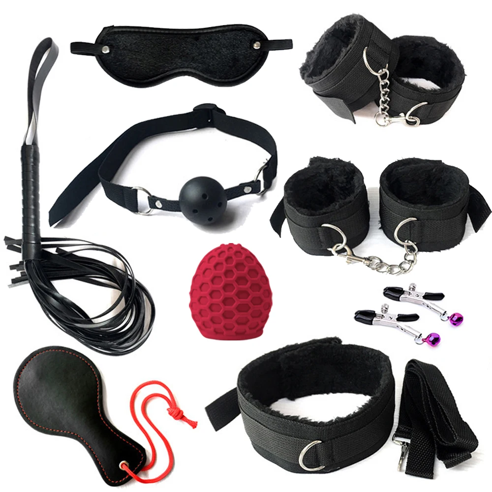 BDSM Bondage Restraint Set Sex Handcuffs Whip Anal Beads Anal Plug Bullet Butt Plug Vibrator S&M Fetish Sex Toy for Woman Adult