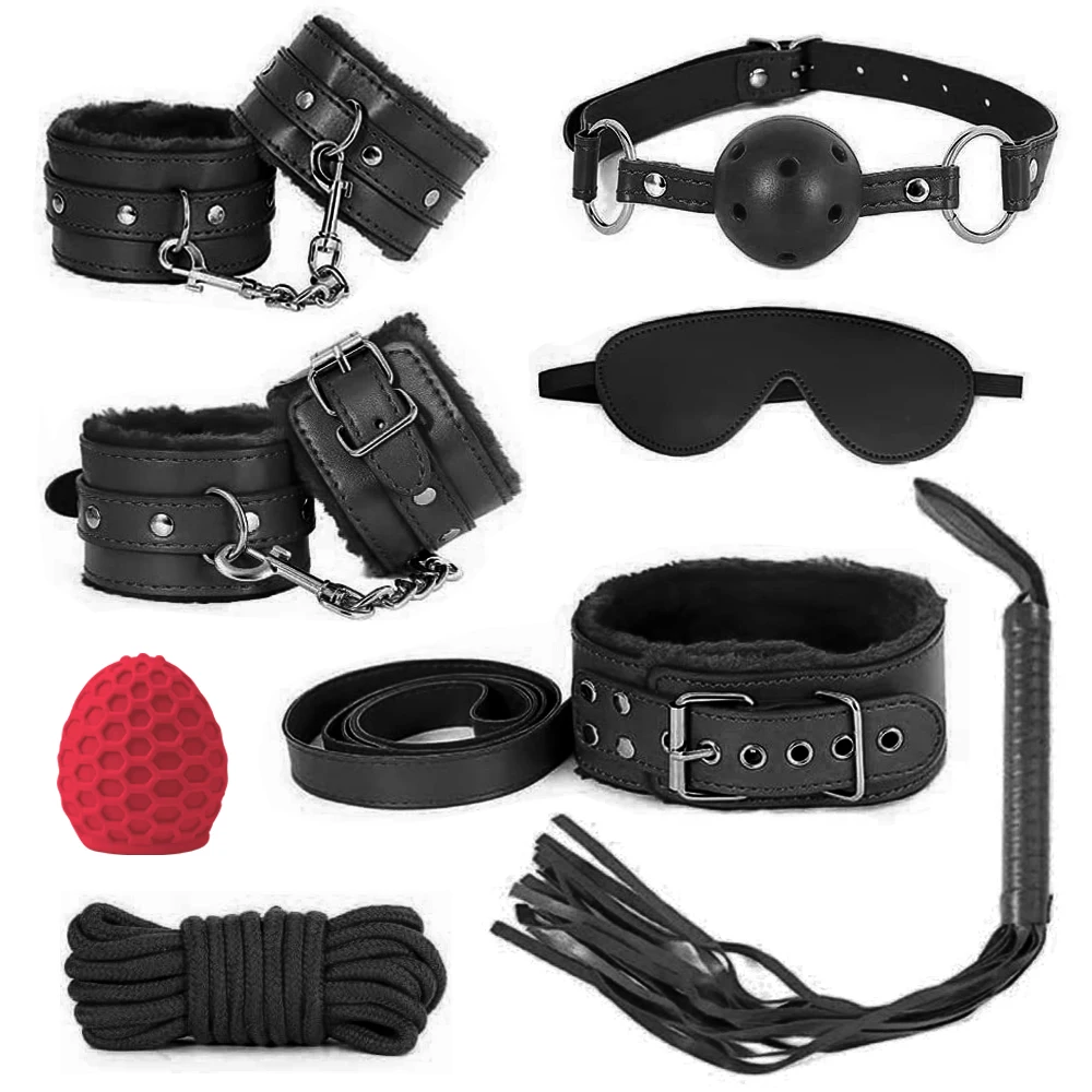 BDSM Bondage Restraint Set Sex Handcuffs Whip Anal Beads Anal Plug Bullet Butt Plug Vibrator S&M Fetish Sex Toy for Woman Adult