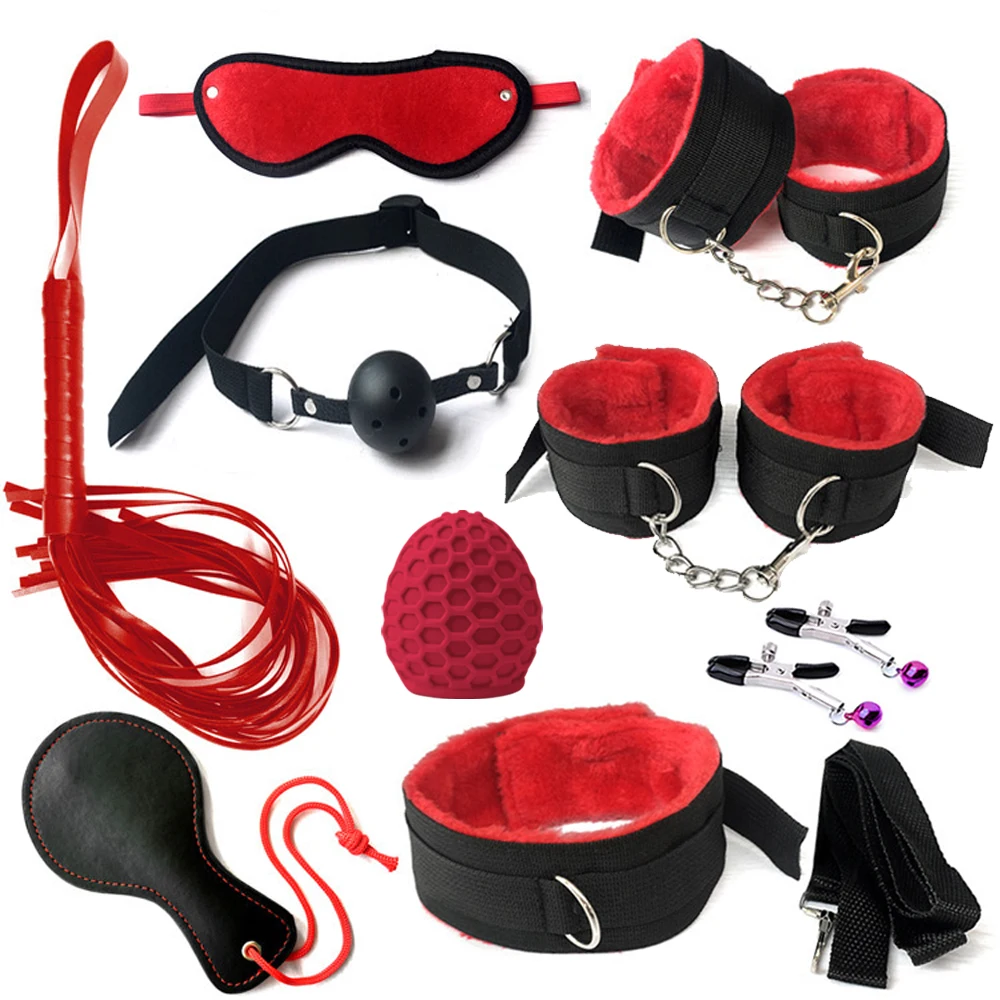 BDSM Bondage Restraint Set Sex Handcuffs Whip Anal Beads Anal Plug Bullet Butt Plug Vibrator S&M Fetish Sex Toy for Woman Adult