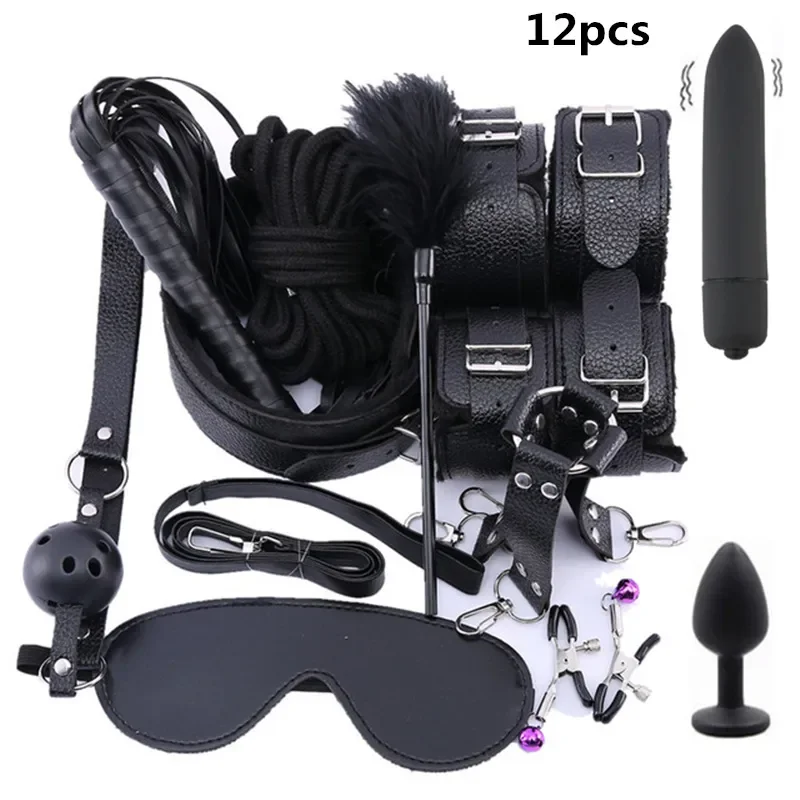 Adult Products Sextoy BDSM Bondage Set Handcuffs Whip Anal Plug Collar Gag Rope Leather Restraint Kits Sex Toys for Couples