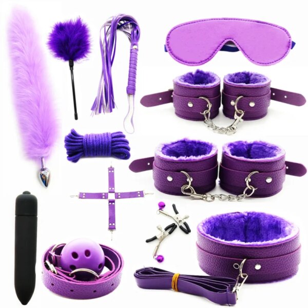 Adult Products Sextoy BDSM Bondage Set Handcuffs Whip Anal Plug Collar Gag Rope Leather Restraint Kits Sex Toys for Couples