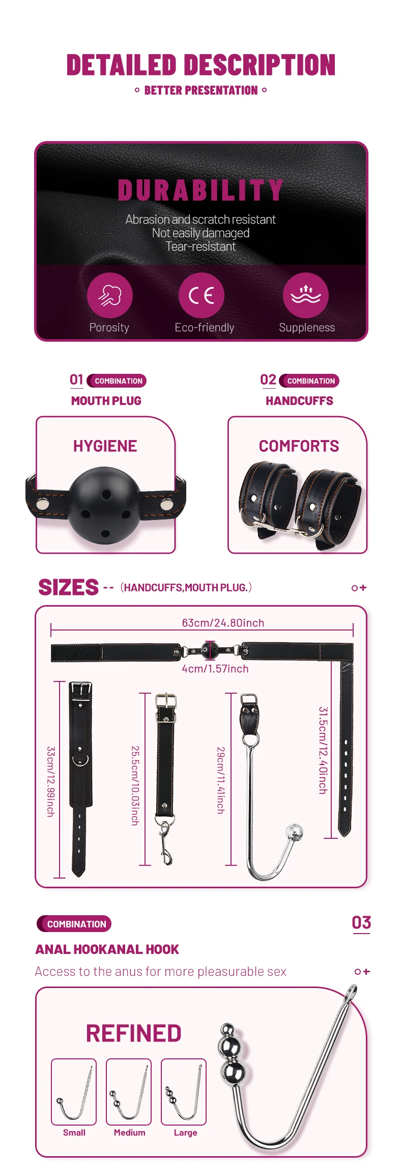 Runyu Anal Hook Sexual Jugetes Kit BDSM Forced Harness Necklace Bondage Handcuffs Silicone Mouthpiece Gag DIY Sadomasochism Set