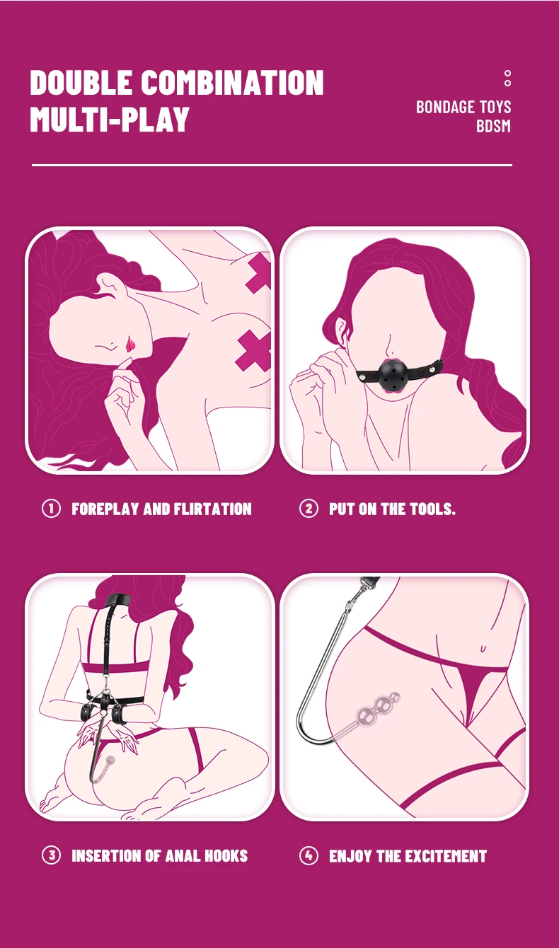 Runyu Anal Hook Sexual Jugetes Kit BDSM Forced Harness Necklace Bondage Handcuffs Silicone Mouthpiece Gag DIY Sadomasochism Set