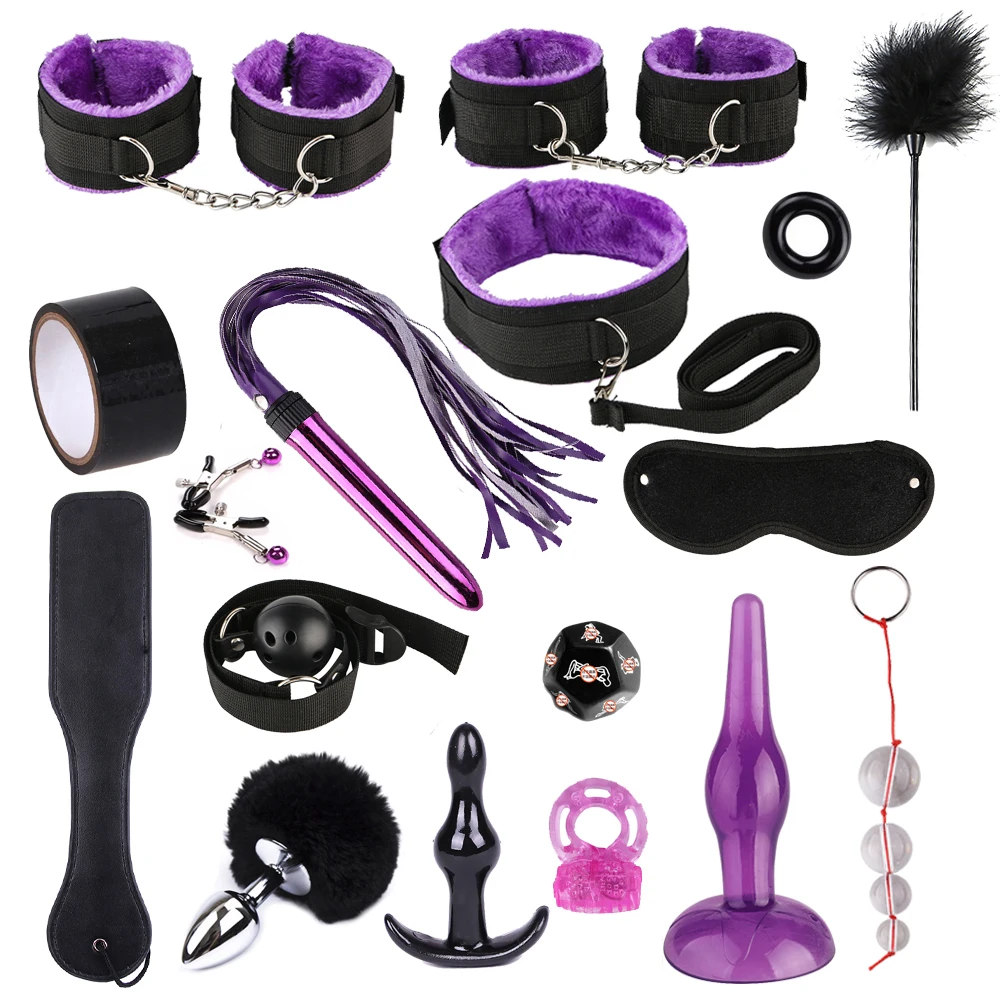 BDSM Kits Adults Sex Toys for Couples Handcuffs Nipple Clamps Whip Spanking Sex Metal Anal Plug Vibrator Exotic Bed Bondage Set