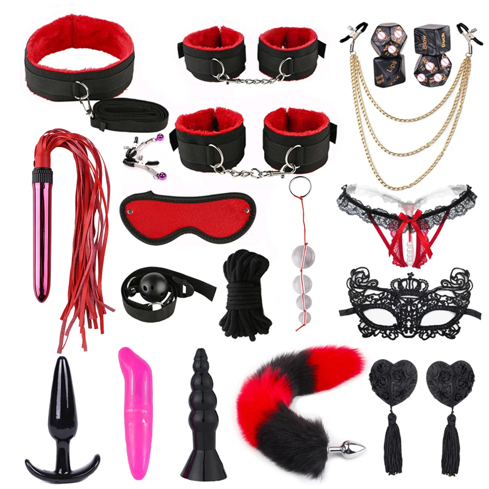 BDSM Kits Adults Sex Toys for Couples Handcuffs Nipple Clamps Whip Spanking Sex Metal Anal Plug Vibrator Exotic Bed Bondage Set