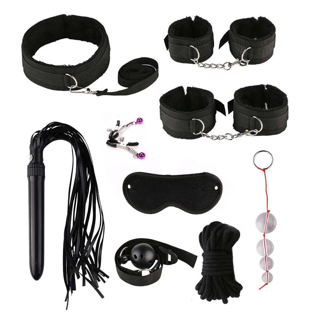 BDSM Kits Adults Sex Toys for Couples Handcuffs Nipple Clamps Whip Spanking Sex Metal Anal Plug Vibrator Exotic Bed Bondage Set