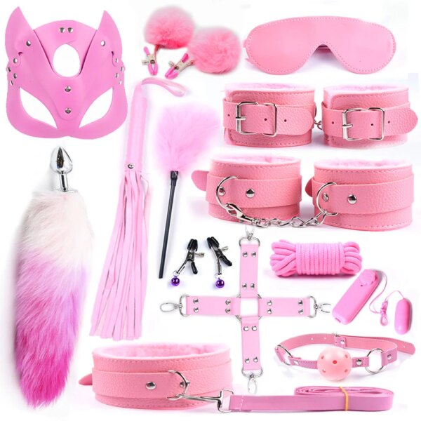 sex toys for women bdsm sex bondage set handcuffs whip 40cm fox tail anal plug adult games