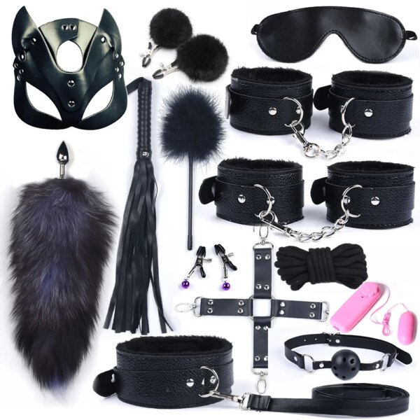 sex toys for women bdsm sex bondage set handcuffs whip 40cm fox tail anal plug adult games