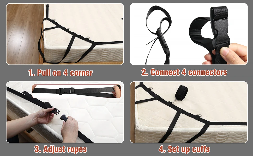Sex Bondage BDSM Kit Bed Restraints Set Easy Install Sex Rope Adjustable Straps Sex Toys Handcuffs Ankle Cuff for Women Couples