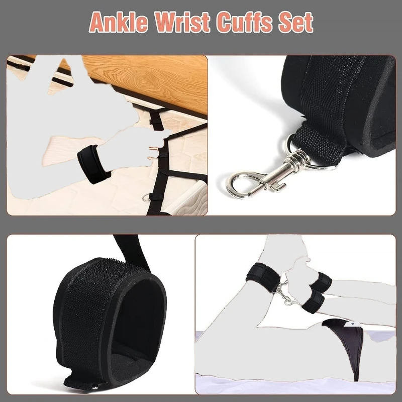Sex Bondage BDSM Kit Bed Restraints Set Easy Install Sex Rope Adjustable Straps Sex Toys Handcuffs Ankle Cuff for Women Couples