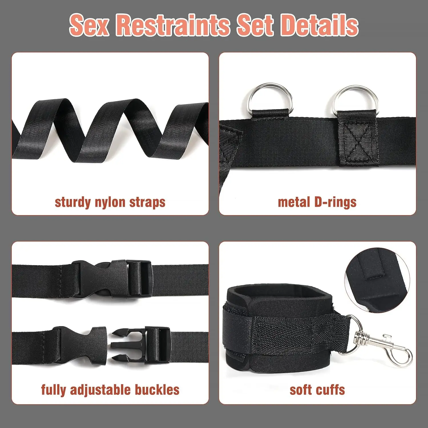 Sex Bondage BDSM Kit Bed Restraints Set Easy Install Sex Rope Adjustable Straps Sex Toys Handcuffs Ankle Cuff for Women Couples