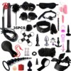 BDSM Bondage Set Fetish Slave Adult Game Hand Cuffs Ankle Cuffs Eye Patch Collars Mouth Gag Rope Whip Erotic Sex Toys For Couple