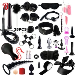 BDSM Bondage Set Fetish Slave Adult Game Hand Cuffs Ankle Cuffs Eye Patch Collars Mouth Gag Rope Whip Erotic Sex Toys For Couple