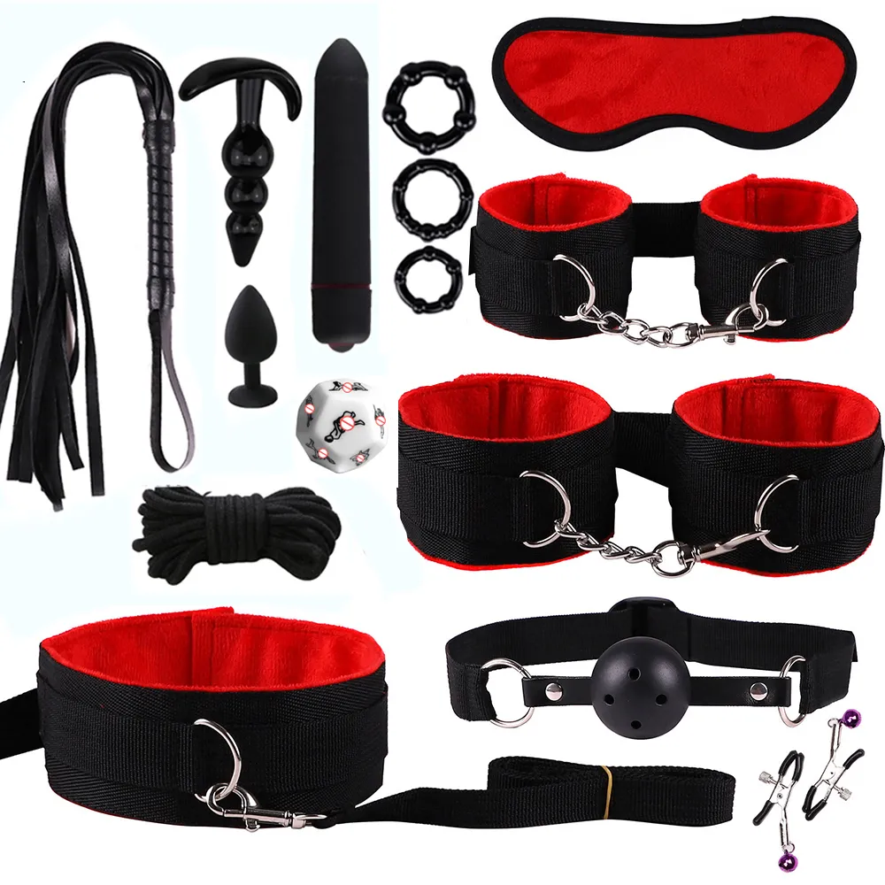BDSM Bondage Set Fetish Slave Adult Game Hand Cuffs Ankle Cuffs Eye Patch Collars Mouth Gag Rope Whip Erotic Sex Toys For Couple