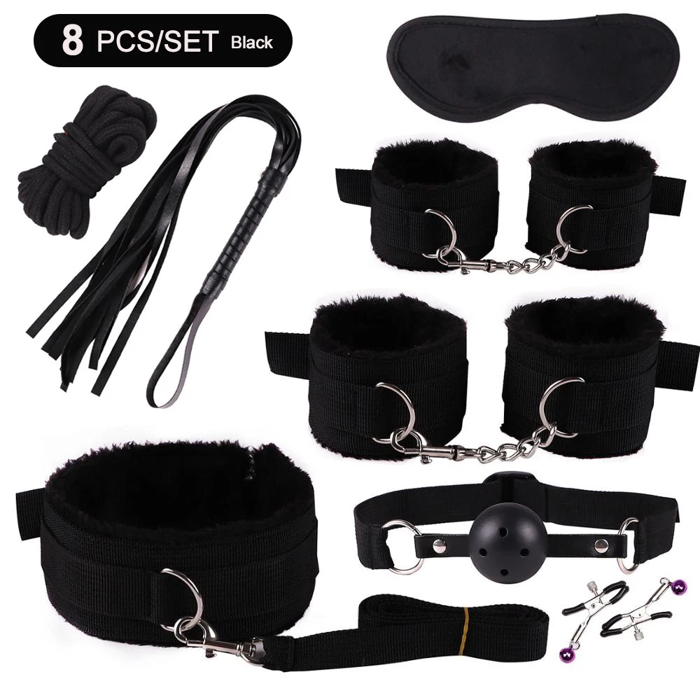 BDSM Bondage Set Fetish Slave Adult Game Hand Cuffs Ankle Cuffs Eye Patch Collars Mouth Gag Rope Whip Erotic Sex Toys For Couple