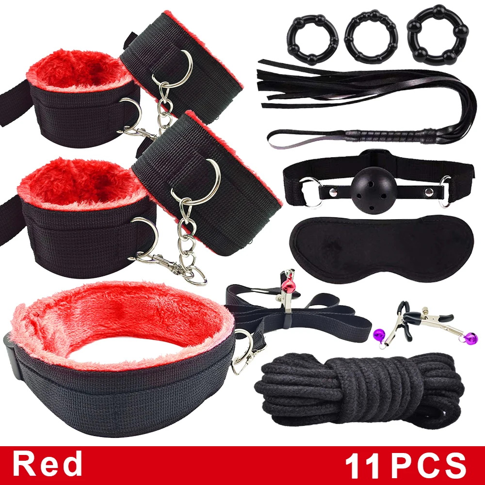 BDSM Bondage Set Fetish Slave Adult Game Hand Cuffs Ankle Cuffs Eye Patch Collars Mouth Gag Rope Whip Erotic Sex Toys For Couple